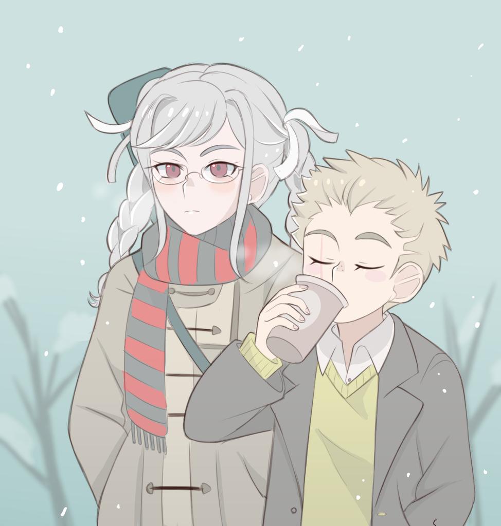 1boy, 1girl, alternate_costume, bangs, black_jacket, black_scarf, blonde_hair, braid