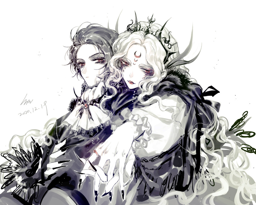 1boy, 1girl, black_hair, black_jacket, black_tiara, blonde_hair, crescent_moon, crescent_print, dress, earth_mother, emlyn_white, facial_mark, gem, highres, holding_hands, hug, hug_from_behind, jacket, jewelry, jueqinunique, lips, lipstick, looking_at_another, lord_of_the_mysteries, makeup, monochrome, moon, nail_polish, neckerchief, red_eyes, red_gemstone, ring, tiara, vampire, white_background, white_neckerchief