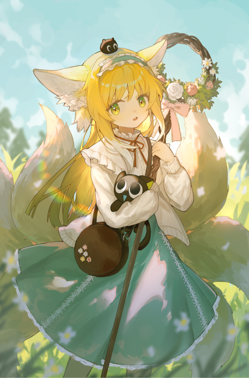 1girl, animal_ears, arknights, bag, bangs, basket, blonde_hair, cane