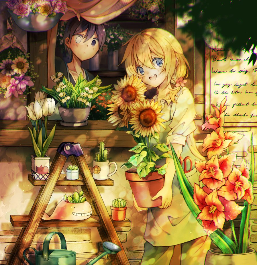 2boys, alternate_hairstyle, apron, basil_(omori), black_eyes, black_hair, blonde_hair, blue_eyes, flower, hair_flower, hair_ornament, heterochromia, humphrey_(omori), looking_at_another, looking_at_viewer, meguritekuruhi, multiple_boys, omori, short_hair, short_sleeves, spoilers, sunflower, sunny_(omori), tulip, white_eyes