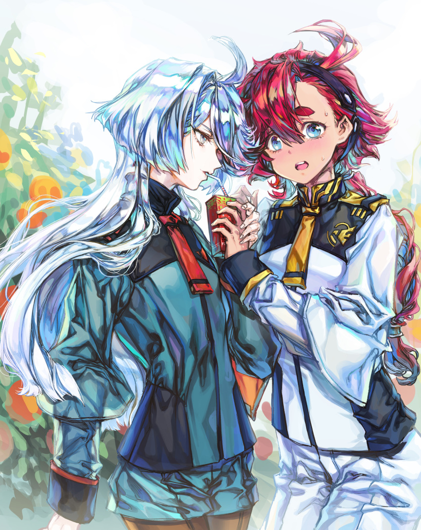 2girls, absurdres, bangs, black_hairband, blue_eyes, blush, commentary_request, drink, drinking_straw, embarrassed, garden, greatwhite1122, grey_eyes, gundam, gundam_suisei_no_majo, hairband, highres, long_sleeves, low_ponytail, miorine_rembran, multiple_girls, pantyhose, redhead, school_uniform, shiny, shiny_hair, short_shorts, shorts, suletta_mercury, sweatdrop, tomato_juice, upper_body, white_hair, yuri