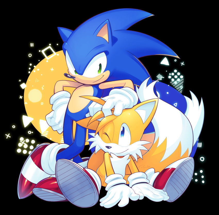 2boys, animal_ears, blue_eyes, drawloverlala, fox, gloves, green_eyes, hand_on_another's_head