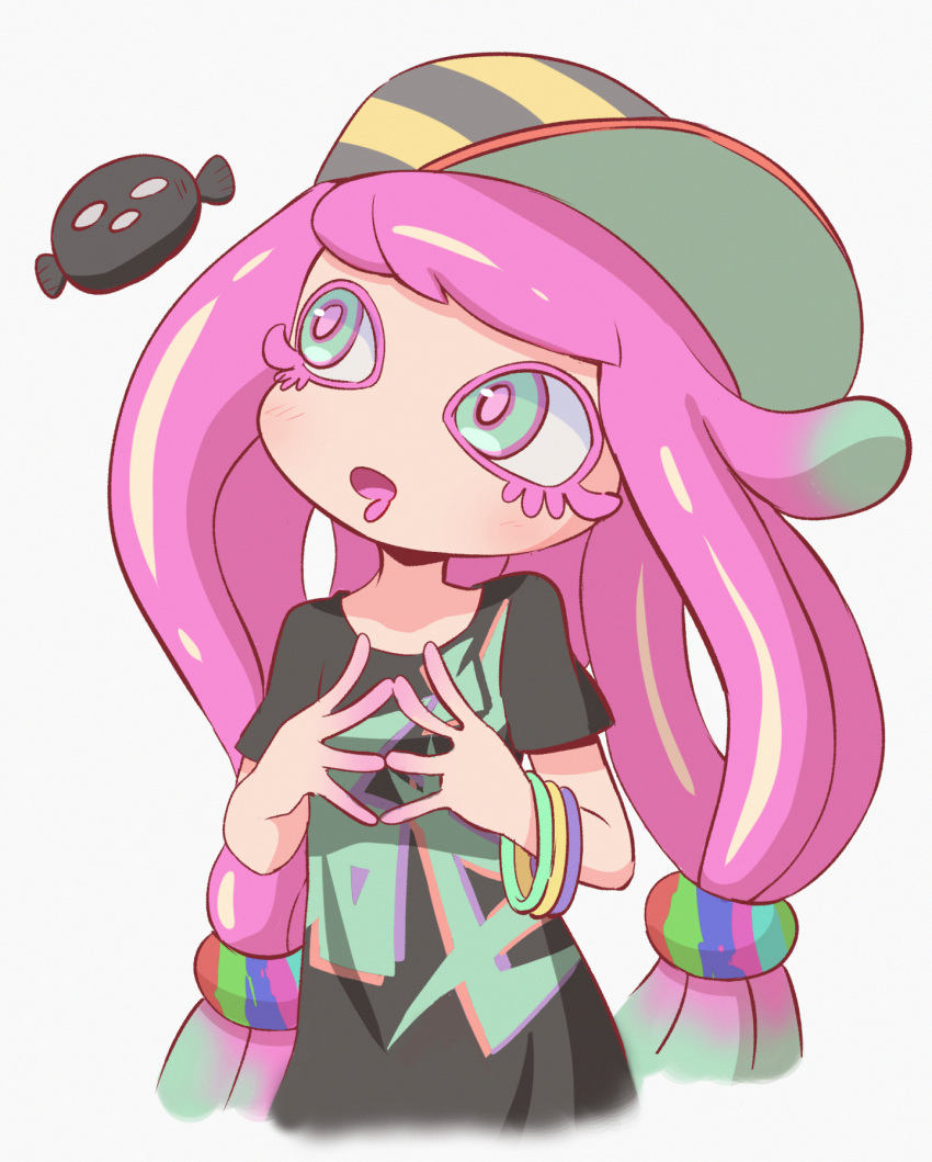 1girl, baseball_cap, drooling, harmony's_clownfish_(splatoon), harmony_(splatoon), hat, highres, kurachi_mizuki, multicolored_clothes, multicolored_headwear, no_eyebrows, pink_pupils, purple_pupils, sea_anemone, sideways_hat, solo, splatoon_(series), splatoon_3, striped, striped_headwear, tentacle_hair, twintails