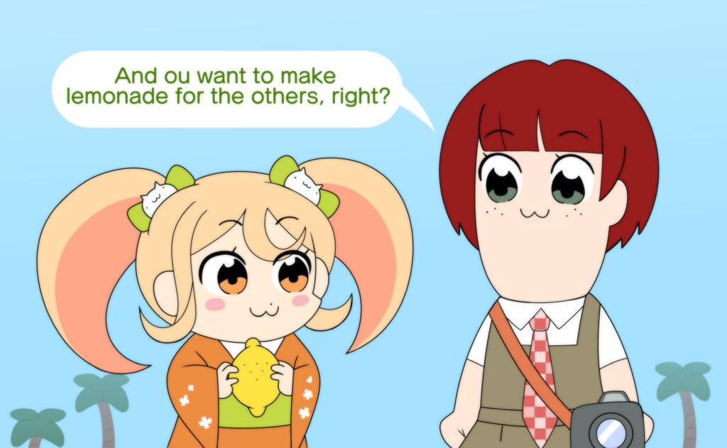 2girls, :3, bagns, bangs, bkub_(style), blonde_hair, blunt_bangs, blush_stickers, bow, camera, cat_hair_ornament, checkered_necktie, collared_shirt, danganronpa_(series), danganronpa_2:_goodbye_despair, english_text, food, fruit, green_background, green_bow, hair_bow, hair_ornament, holding, holding_food, japanese_clothes, kiki_witch, kimono, koizumi_mahiru, lemon, long_sleeves, multiple_girls, necktie, orange_kimono, palm_tree, redhead, saionji_hiyoko, shirt, short_sleeves, speech_bubble, tree, twintails, white_shirt
