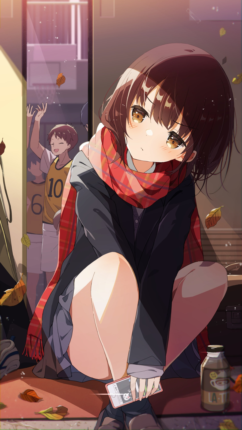 1boy, 1girl, absurdres, arms_between_legs, autumn_leaves, bangs, basketball_hoop, basketball_uniform