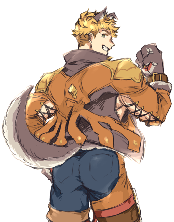 1boy, animal_ears, ass, back, bangs, blonde_hair, granblue_fantasy, green_eyes