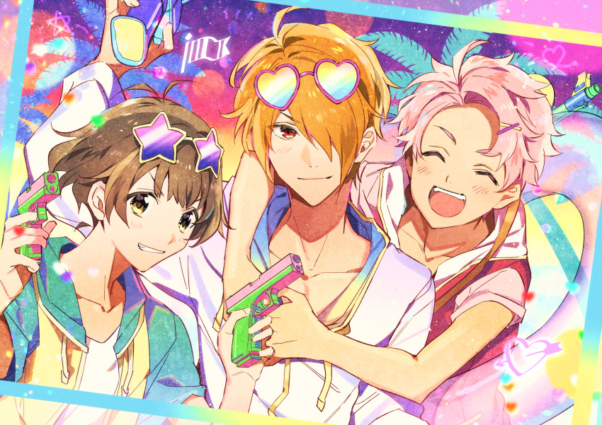3boys, absurdres, ahoge, akizuki_ryou, brown_hair, closed_eyes, f-lags_(idolmaster), hair_over_one_eye