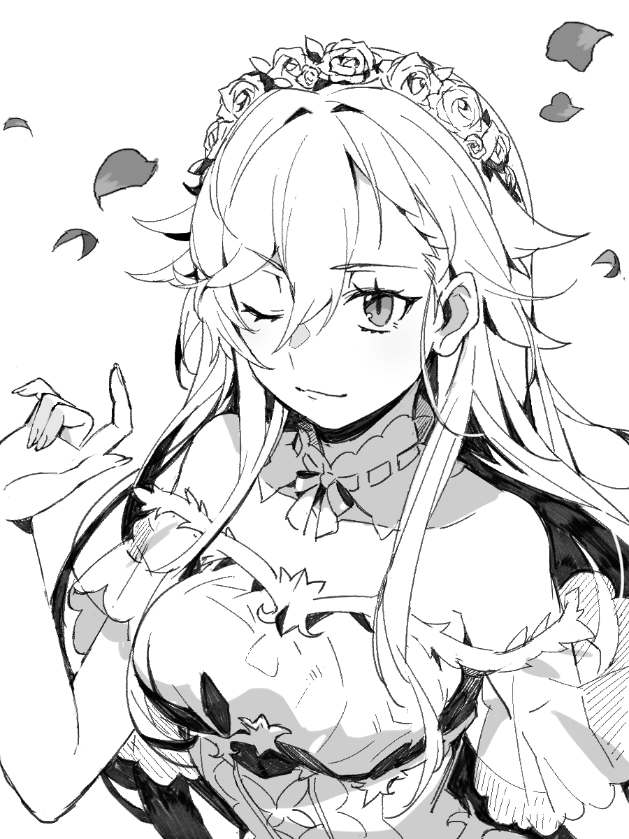 1girl, bare_shoulders, bow, closed_mouth, commentary, detached_collar, dress, ellie_(housamo)