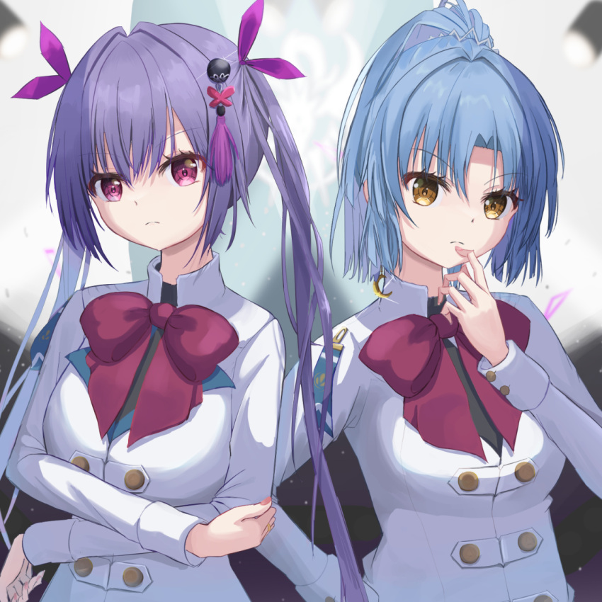 2girls, assault_lily, bangs, black_background, black_shirt, blue_hair, blurry, blurry_background
