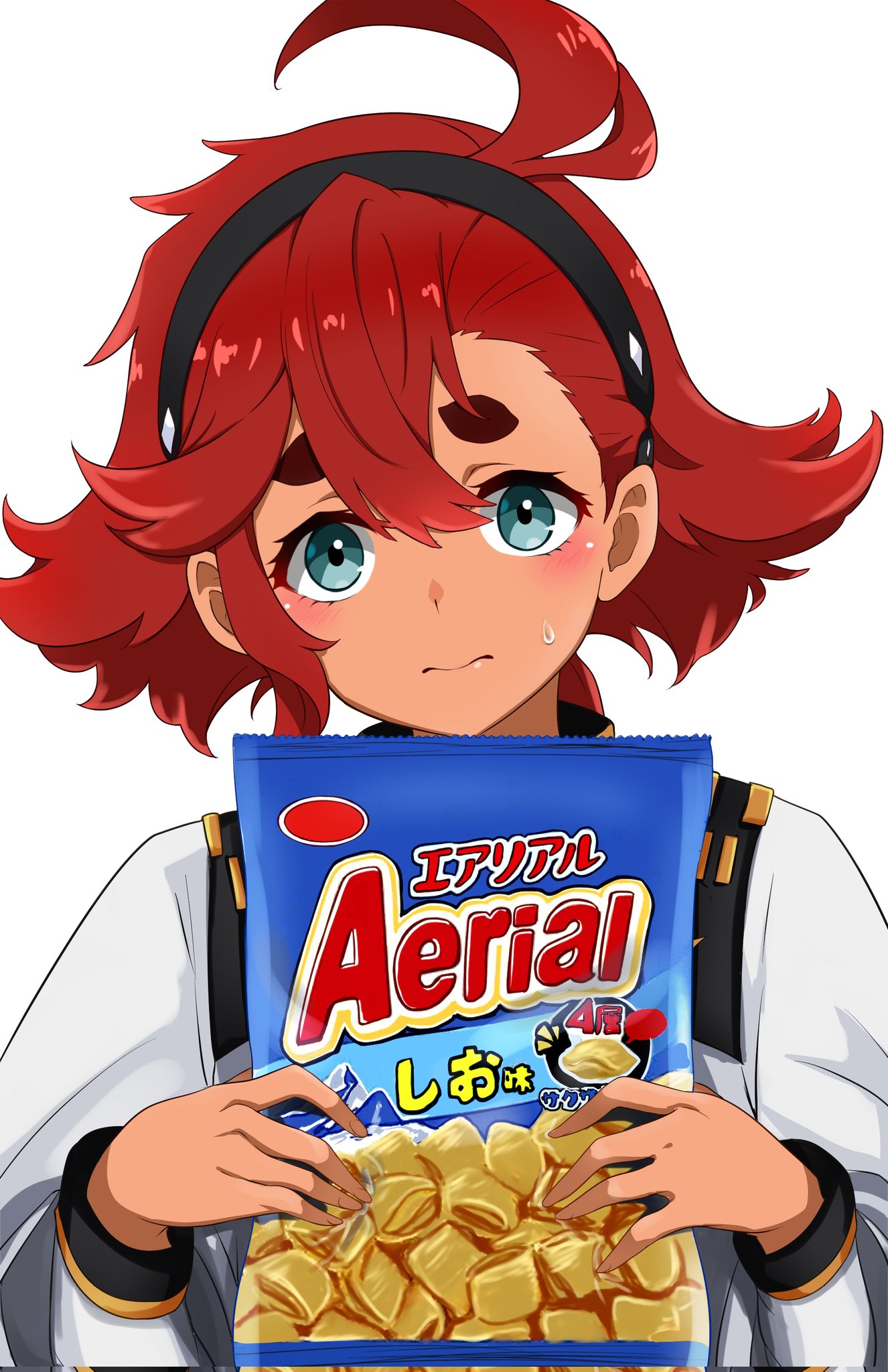 1girl, aerial_(food), bag, bangs, black_hairband, blue_eyes, blush, commentary, dark-skinned_female, dark_skin, gundam, gundam_suisei_no_majo, hair_behind_ear, hair_between_eyes, hairband, head_tilt, highres, holding, holding_bag, jacket, looking_at_viewer, nagishy, name_connection, portrait, redhead, short_eyebrows, solo, suletta_mercury, thick_eyebrows, white_background, white_jacket
