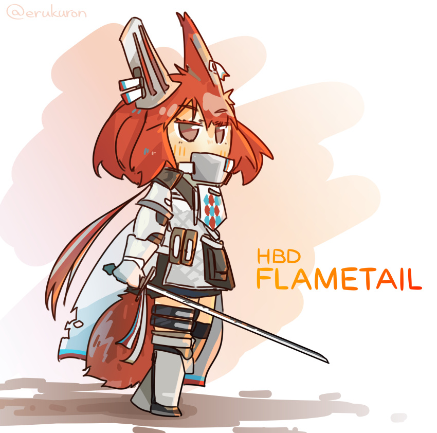 1girl, absurdres, animal_ears, arknights, armor, bangs, blush, brown_eyes, commentary_request, flametail_(arknights), full_body, gauntlets, highres, holding, holding_sword, holding_weapon, lcron, long_hair, looking_ahead, multiple_girls, redhead, sidelocks, solo, squirrel_ears, squirrel_girl, squirrel_tail, standing, sword, tail, thigh_strap, twitter_username, weapon