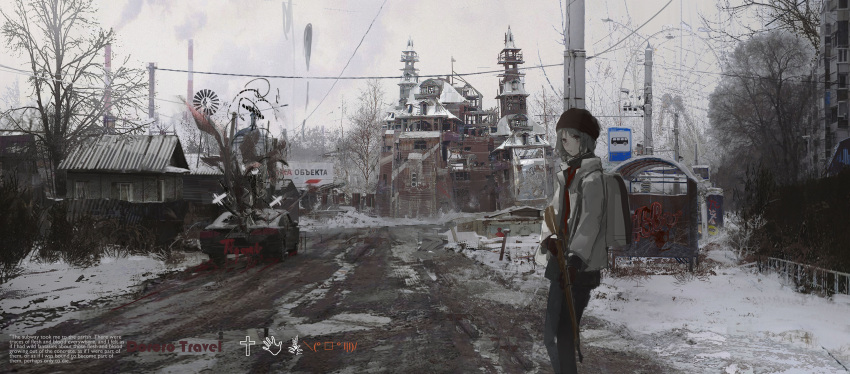 1girl, abandoned, absurdres, beanie, black_pantyhose, black_skirt, broken, brown_eyes, building, car, debris, english_text, euroroyan, ferris_wheel, graffiti, grey_hair, ground_vehicle, gun, hat, highres, holding, holding_gun, holding_weapon, house, jacket, motor_vehicle, mouth_hold, open_clothes, open_jacket, original, outdoors, pantyhose, power_lines, rifle, road, road_sign, rubble, ruins, russian_text, scenery, short_hair, sign, skirt, smoke, snow, solo, tree, utility_pole, weapon, winter
