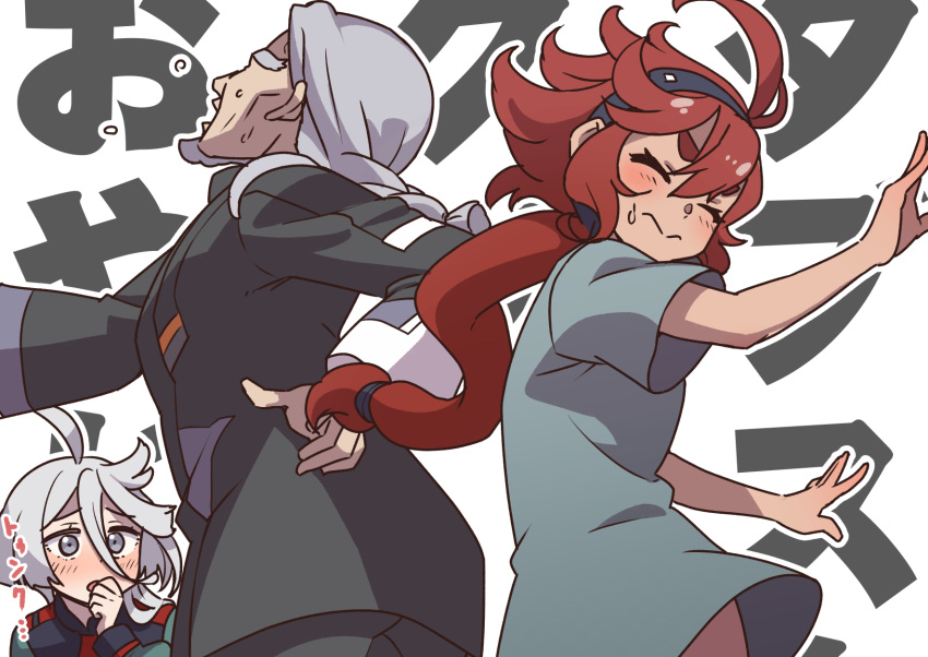 1boy, 2girls, ^_^, ass_smack, beard, black_hairband, black_jacket, black_pants