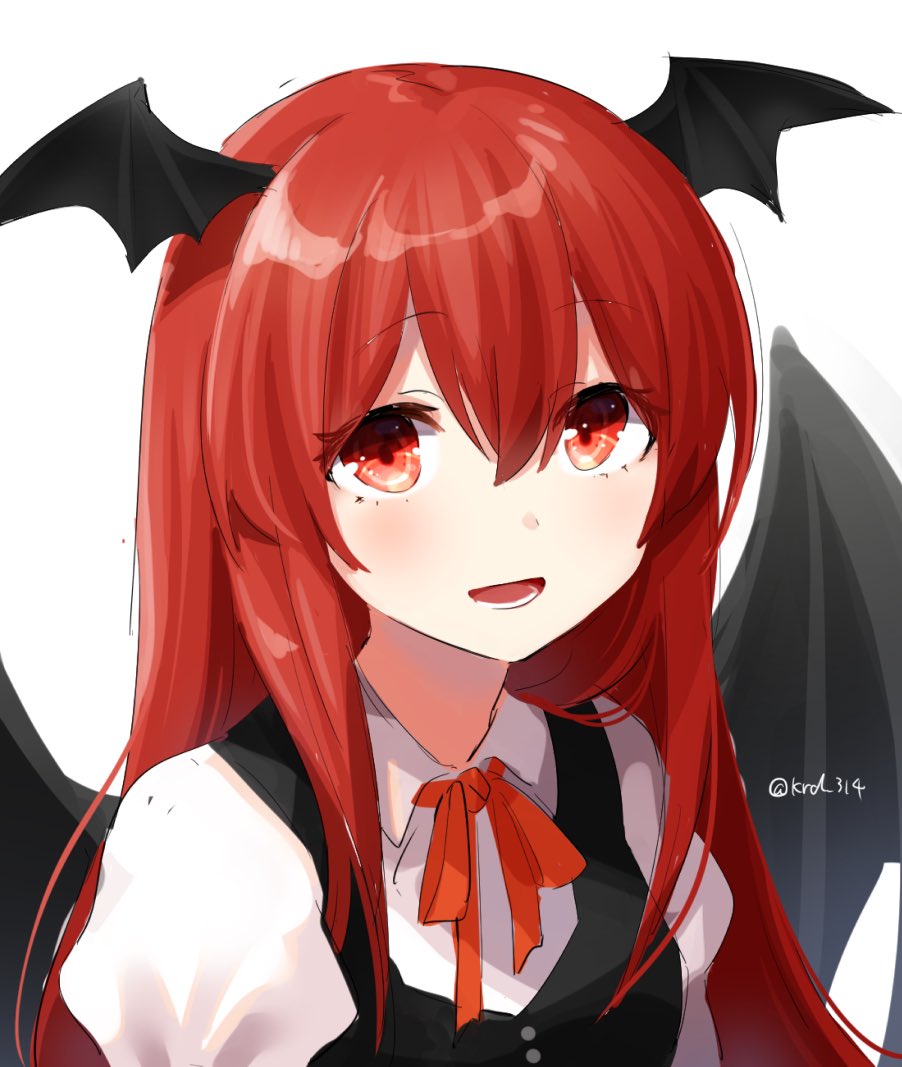 1girl, :d, bat_wings, black_wings, head_wings, koakuma, kuroda_(chokobo_314), long_hair