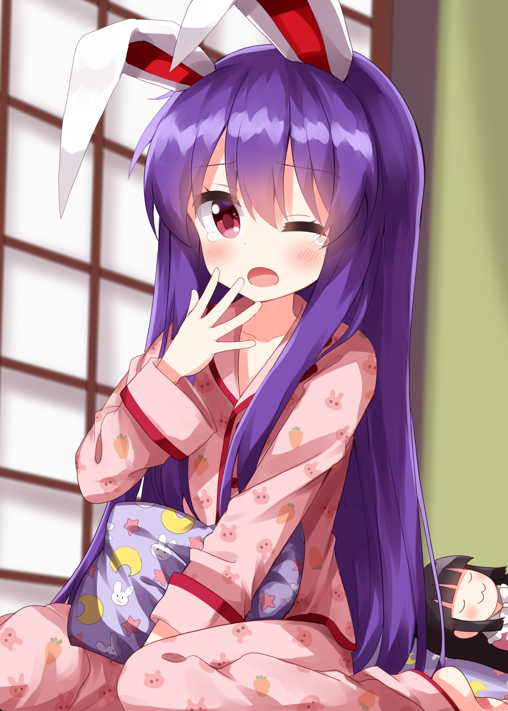 2girls, alternate_costume, alternate_eye_color, animal_ears, animal_print, bangs, barefoot, black_hair, blouse, blush, bow, bowtie, bunny_print, carrot_print, closed_eyes, closed_mouth, collarbone, collared_shirt, crescent, crescent_print, door, food_print, hair_between_eyes, hand_up, highres, houraisan_kaguya, indoors, long_hair, long_sleeves, looking_at_viewer, lying, multiple_girls, on_back, one-hour_drawing_challenge, one_eye_closed, open_mouth, pajamas, pants, pillow, pink_eyes, pink_pants, pink_shirt, purple_hair, rabbit_ears, reisen_udongein_inaba, ruu_(tksymkw), seiza, shirt, sidelocks, sitting, sleeping, sleepy, smile, solo_focus, star_(symbol), star_print, tears, teruyof, touhou, wall, white_bow, white_bowtie
