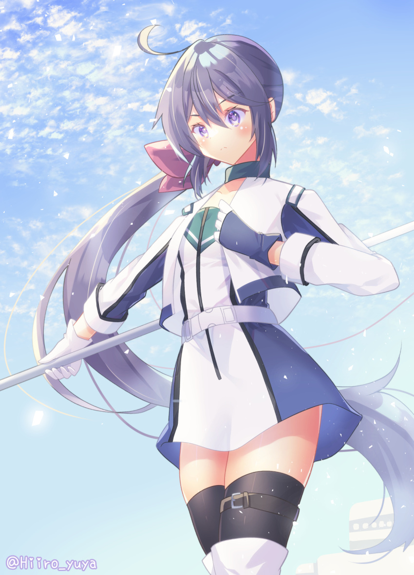 1girl, ahoge, akebono_(kancolle), black_thighhighs, blue_gloves, blush, closed_mouth, fuji_speedway