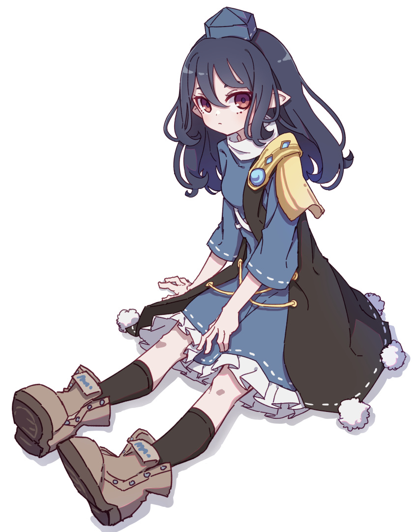 1girl, absurdres, black_coat, black_socks, blue_dress, blue_hair, blue_headwear, boots