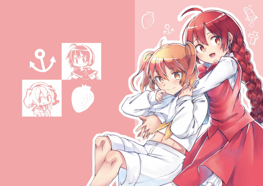 2girls, absurdres, ahoge, anchor_symbol, artist_request, blonde_hair, blue_sailor_collar, bow