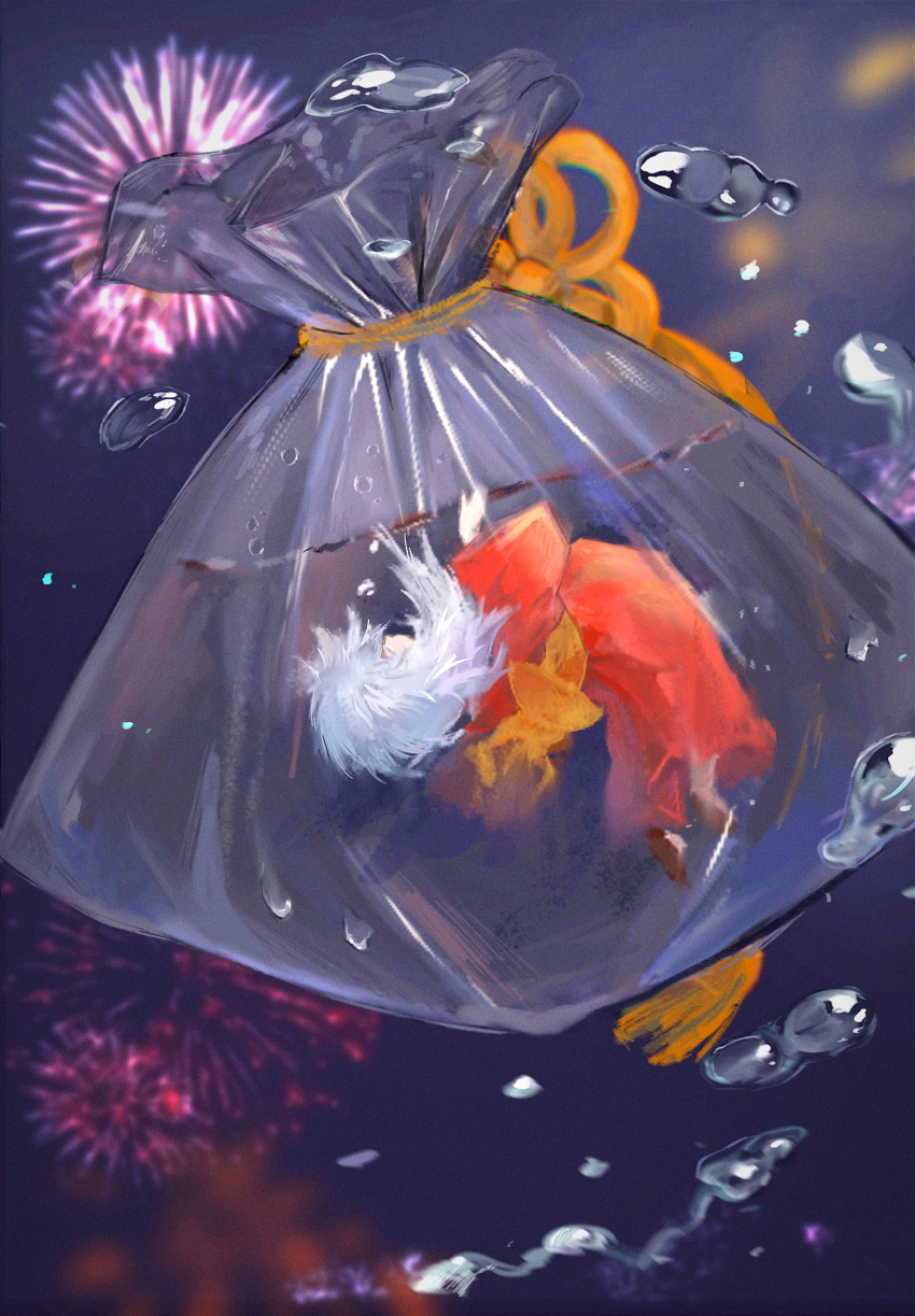 1girl, bag, chinese_commentary, fireworks, floating, full_body, grey_hair, haine_(summertime_render)