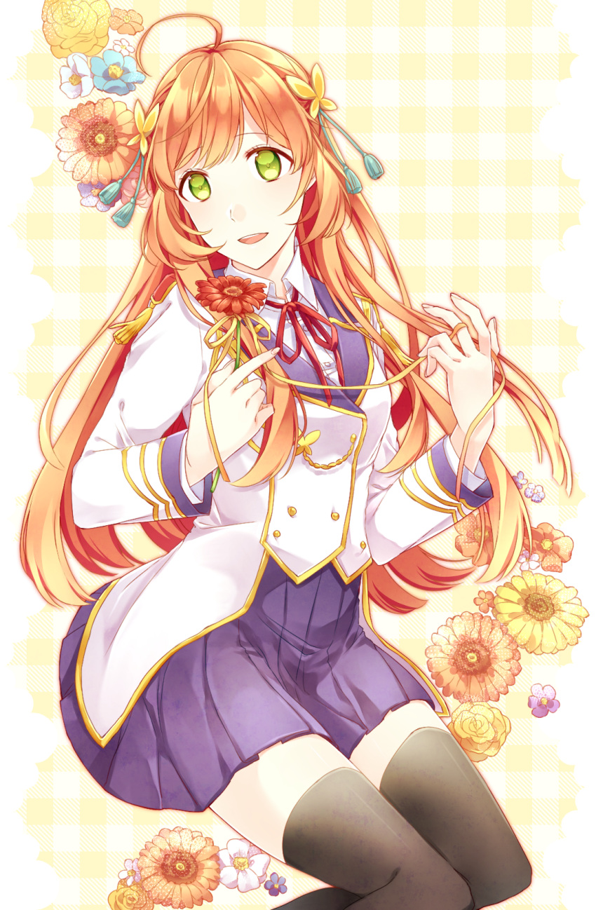 1girl, :d, ahoge, aigisaki_kohana, black_thighhighs, butterfly_hair_ornament, feet_out_of_frame, flower