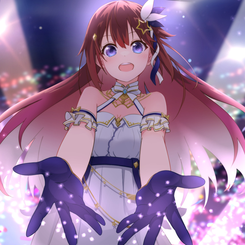 1girl, bare_shoulders, blue_eyes, brown_hair, diamond_hair_ornament, dress, gloves, hair_ornament