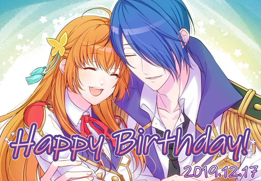 1boy, 1girl, :d, ahoge, aigisaki_kohana, ayakura_azuma, bangs, black_necktie, blue_hair, butterfly_hair_ornament, closed_eyes, dated, gold_trim, hair_ornament, hair_over_one_eye, happy_birthday, hetero, highres, hug, magic-kyun!_renaissance, necktie, orange_hair, school_uniform, smile, suminomiya_aoi, upper_body