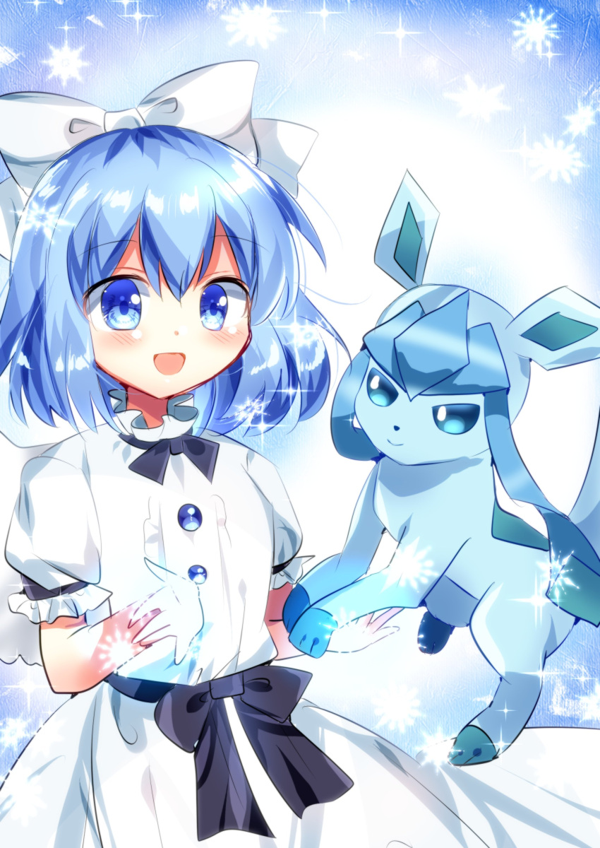 1girl, :d, absurdres, bangs, blue_eyes, blue_hair, bow, dress