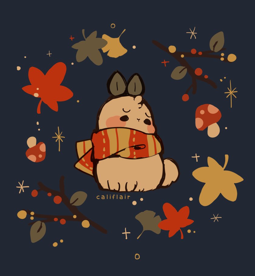 ambiguous_gender, blush, branch, califlair, fluffy, leaf, maple_leaf, mushroom, no_mouth, original, rabbit, red_scarf, scarf, simple_background, star_(sky)