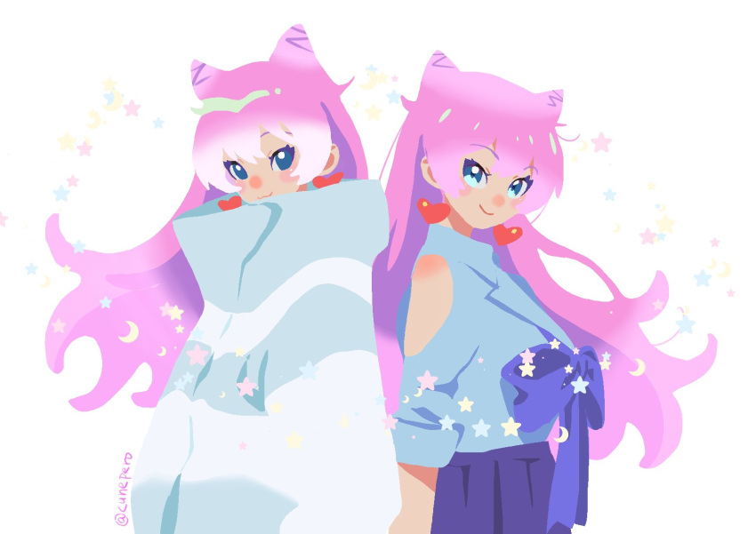 2girls, back-to-back, blue_bow, blue_eyes, blue_shirt, blue_skirt, bow, breasts, clothing_cutout, collared_shirt, cone_hair_bun, crescent, cunepero, double_bun, dual_persona, earrings, fuufu_ijou_koibito_miman., hair_behind_ear, hair_bun, heart, heart_earrings, highres, jacket, jewelry, medium_breasts, multiple_girls, pink_hair, shirt, shirt_tucked_in, shoulder_cutout, simple_background, skirt, smile, star_(symbol), twitter_username, watanabe_akari, white_jacket