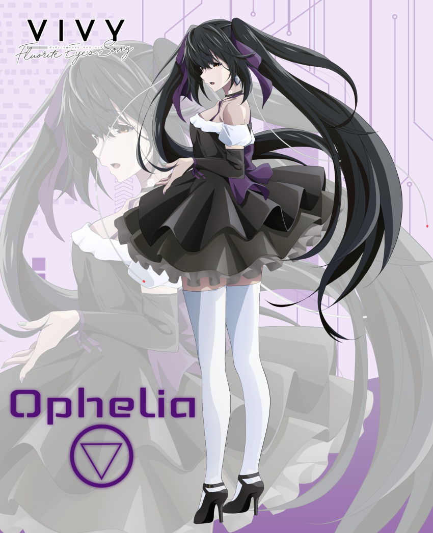 1girl, bangs, black_dress, black_footwear, black_hair, bow, character_name, copyright_name