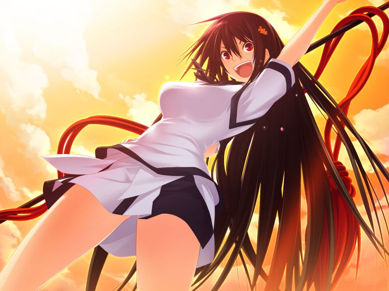 1girl, :d, arm_up, black_hair, black_skirt, clouds, day, floating_hair, flower, from_below, game_cg, hair_flower, hair_ornament, hazakura_seiso, holding, kawagishi_keitarou, kawakami_academy_uniform, long_hair, maji_de_watashi_ni_koi_shinasai!, miniskirt, open_mouth, outdoors, red_eyes, shirt, short_sleeves, skirt, smile, solo, sunset, sweater, sweater_vest, two-tone_skirt, v-shaped_eyebrows, very_long_hair, white_shirt, white_skirt, white_sweater, yellow_flower, yellow_sky