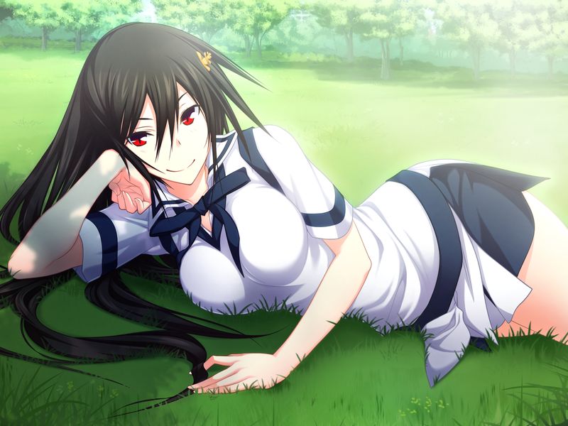 1girl, bangs, black_hair, black_ribbon, breasts, closed_mouth, day, dress