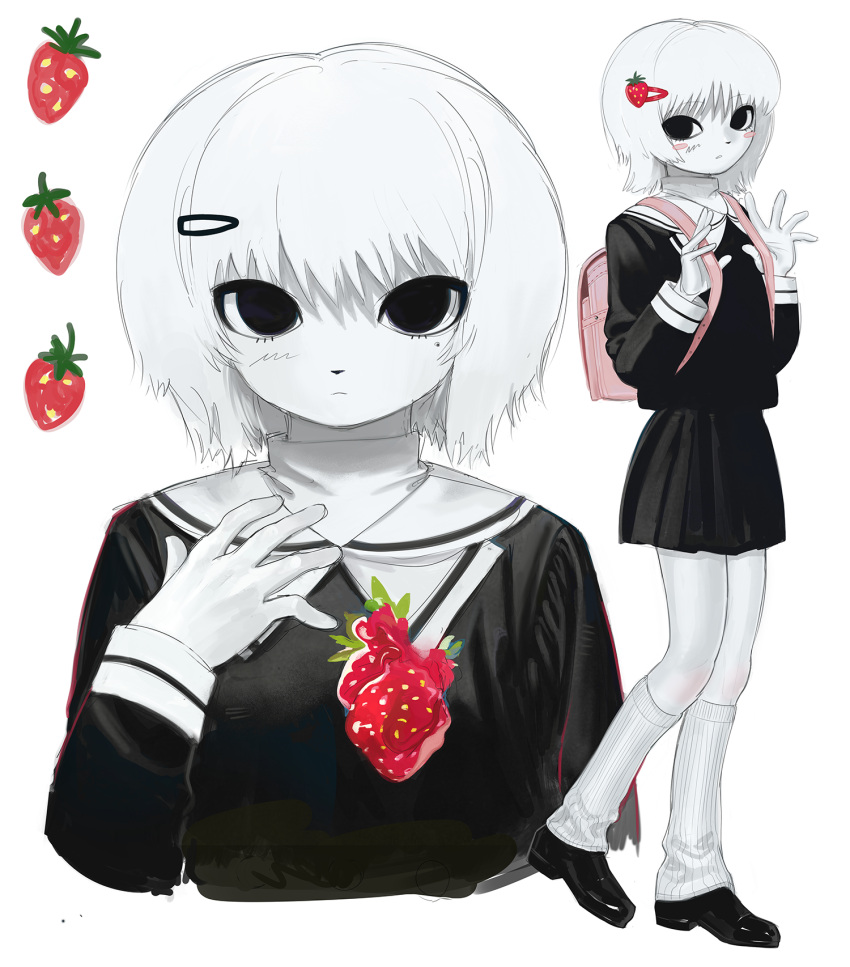 empty_eyes, food-themed_hair_ornament, grintasia, hair_ornament, highres, kneehighs, mole, mole_under_eye, non-web_source, original, pink_bag, school_uniform, socks, strawberry_hair_ornament