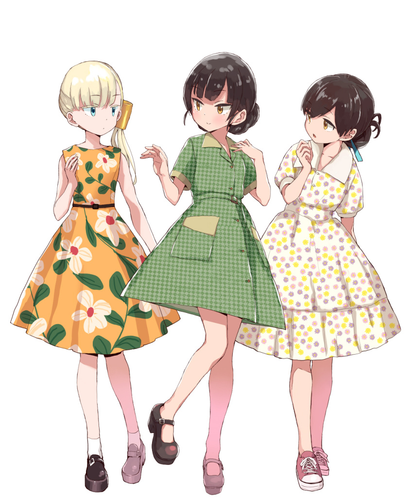 3girls, bangs, black_footwear, blonde_hair, blue_eyes, blue_ribbon, blunt_bangs, braid