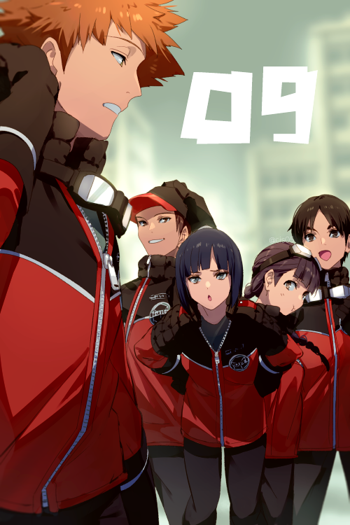 2girls, 3boys, :d, :o, :t, arafune_tetsuji, badge, baseball_cap, black_gloves, black_hair, black_pants, blue_hair, blurry, blurry_background, bob_cut, braid, braided_ponytail, brown_hair, closed_mouth, echo_(circa), gloves, goggles, goggles_around_neck, goggles_on_head, grin, hand_on_own_head, hat, jacket, kashio_yutaka, kon_yuka, leaning_forward, long_hair, long_sleeves, looking_at_another, looking_at_viewer, looking_back, mizukami_satoshi_(world_trigger), multiple_boys, multiple_girls, open_mouth, orange_hair, outstretched_arms, pants, pout, red_headwear, red_jacket, scratching_head, short_hair, sideways_glance, single_braid, smile, standing, teruya_fumika, uniform, world_trigger, zipper