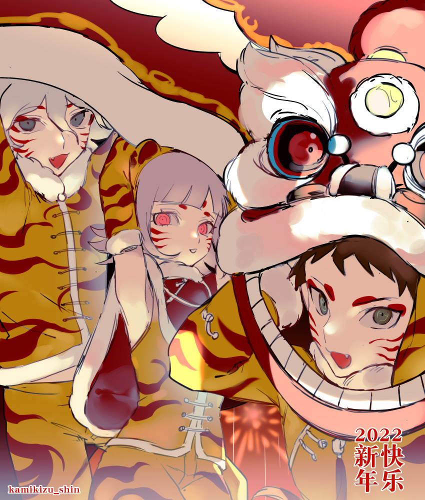 1girl, 2022, 2boys, :d, absurdres, animal_print, arms_up, artist_name