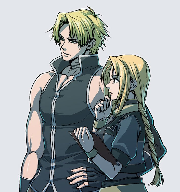 1boy, 1girl, blonde_hair, braid, cliff_fittir, fingerless_gloves, gloves, long_hair, mirage_koas, notepad, simple_background, single_braid, sleeveless, star_ocean, star_ocean_till_the_end_of_time, zn4vst