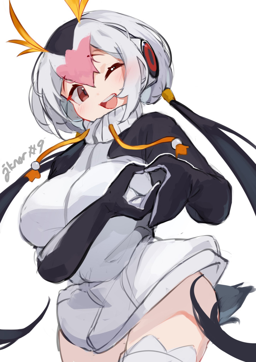 1girl, black_hair, black_hoodie, blonde_hair, blush, cowboy_shot, hair_over_one_eye, headphones