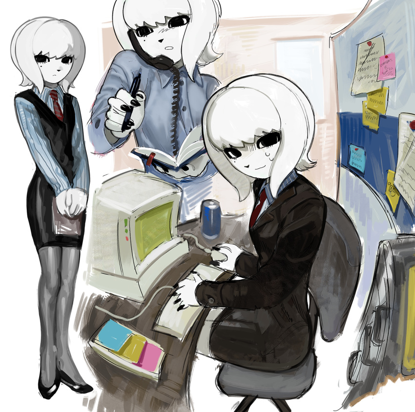 at_computer, black_eyes, black_vest, chair, collared_shirt, corded_phone, grintasia, highres