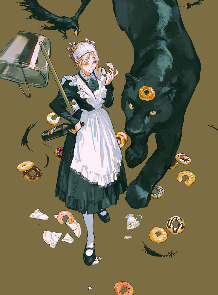 1girl, animal, apron, beak_hold, bird, black_panther, blonde_hair, bottle, braid, broken_plate, broom, brown_background, bucket, collared_dress, crow, cup, doughnut, dress, earrings, feathers, food, food_on_face, food_on_head, from_above, guideau, hand_on_hip, highres, holding, holding_bottle, holding_food, huangdanlan, jewelry, lace-trimmed_apron, lace_trim, licking_lips, long_hair, long_sleeves, looking_at_viewer, maid, maid_apron, maid_headdress, majo_to_yajuu, mary_janes, messy, object_on_head, pantyhose, plate, shards, shoes, simple_background, standing, teacup, tongue, tongue_out, updo, white_apron, white_pantyhose, yellow_eyes