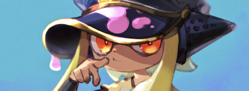 1girl, agent_3_(splatoon), blonde_hair, blue_background, closed_mouth, dark-skinned_female, dark_skin, hand_up, hat, headgear, highres, inari1369, inkling, inkling_girl, orange_eyes, patchwork_clothes, peaked_cap, solo, splatoon_(series), splatoon_3, squidbeak_splatoon, stitches, tentacle_hair, upper_body