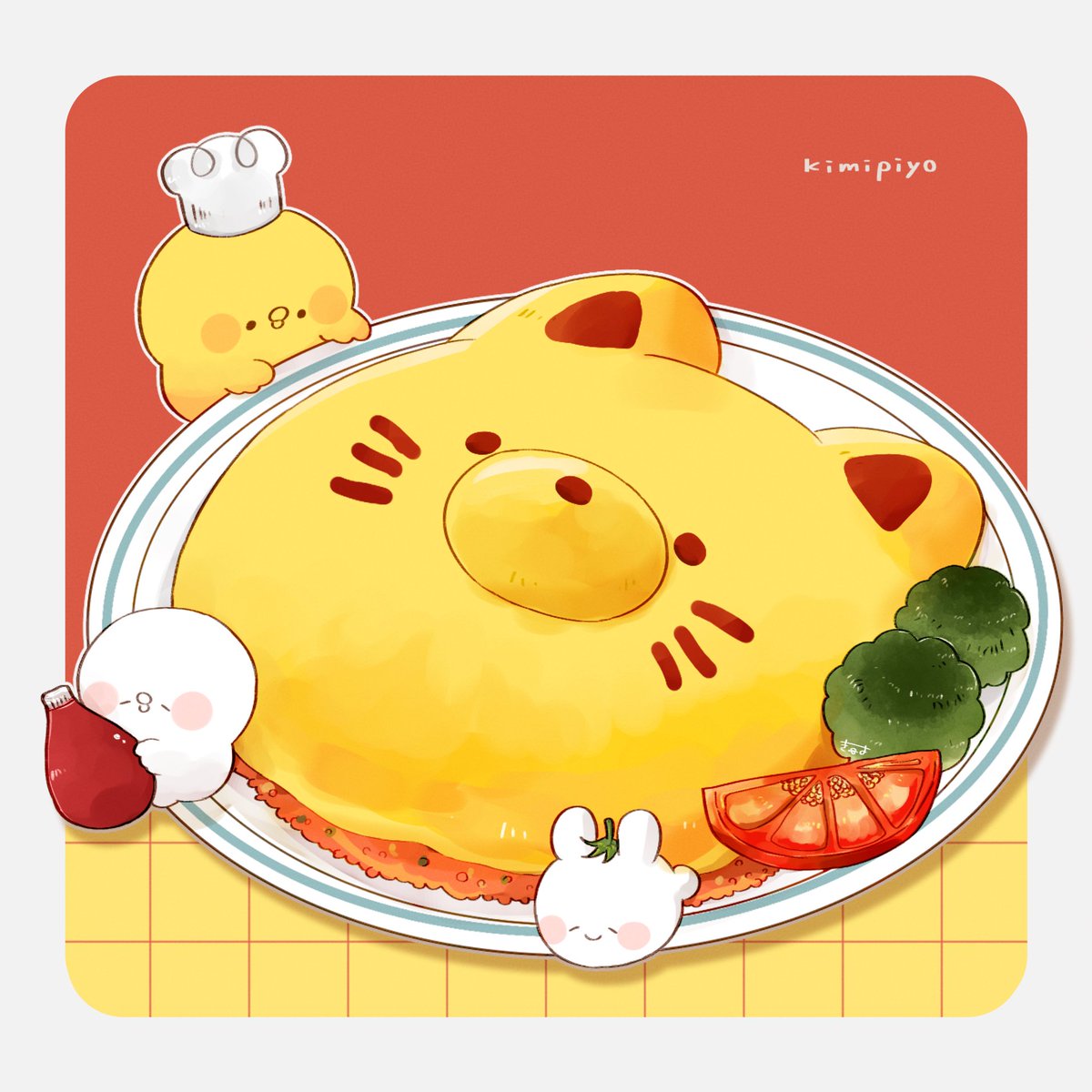 3others, animal-shaped_food, artist_name, bird, blush_stickers, border, broccoli, cat