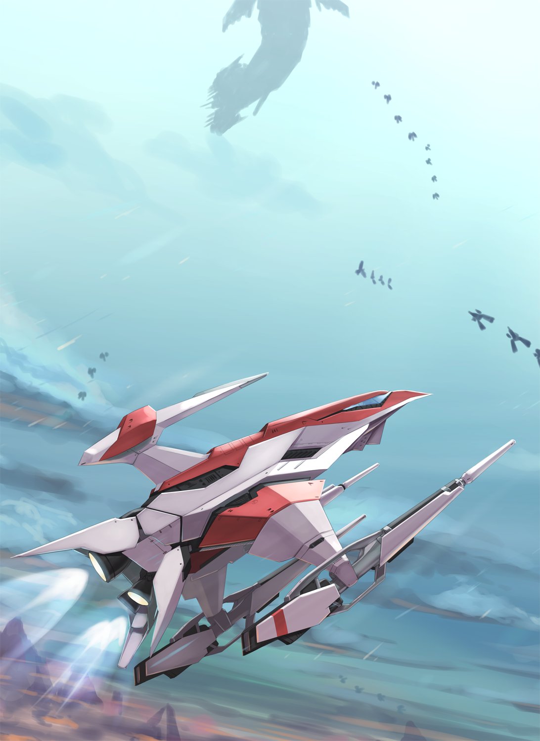 battle, clouds, cloudy_sky, darius_(series), energy_cannon, highres, non-humanoid_robot, robot