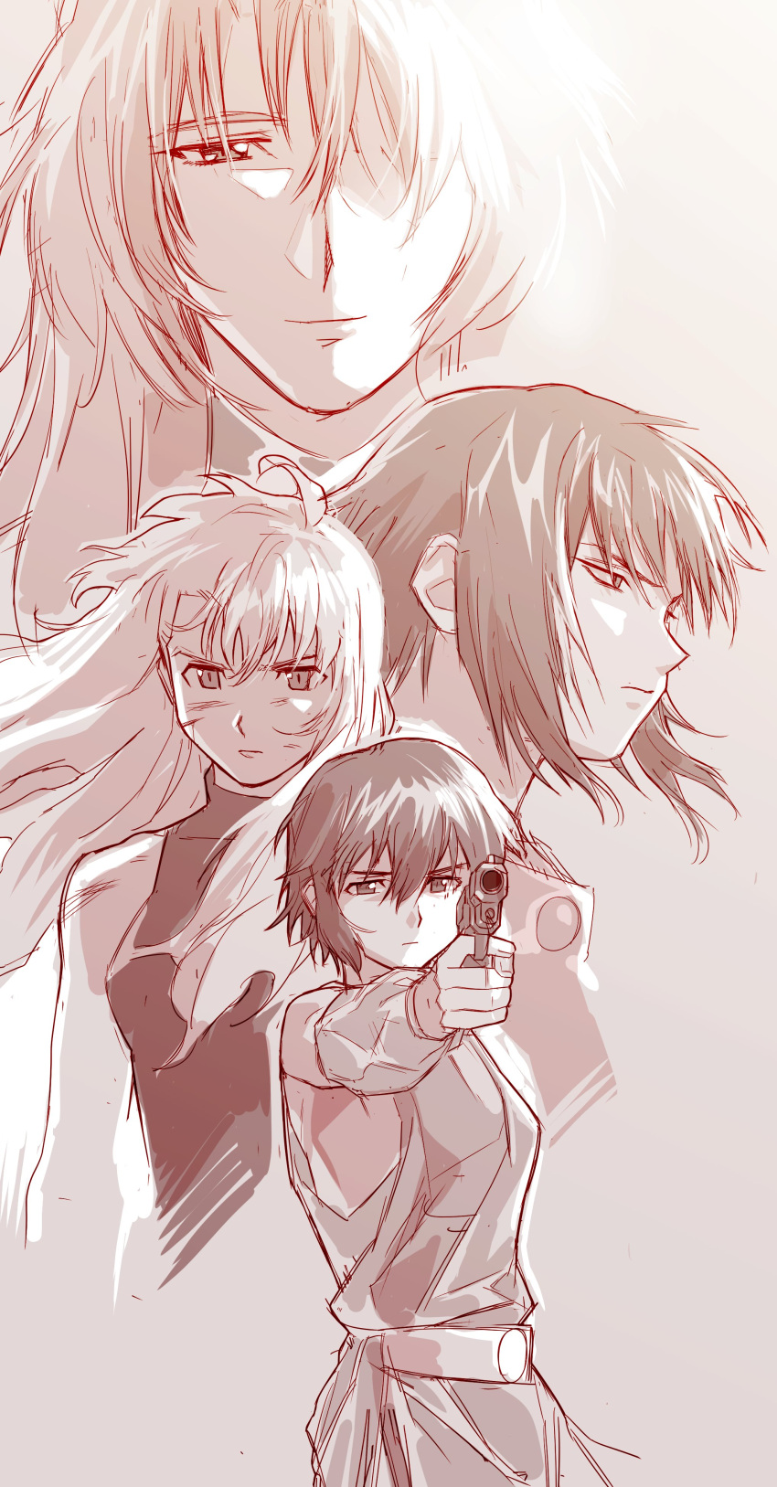 4girls, absurdres, bandaid, bandaid_on_cheek, bandaid_on_face, bangs, bare_shoulders, bob_cut