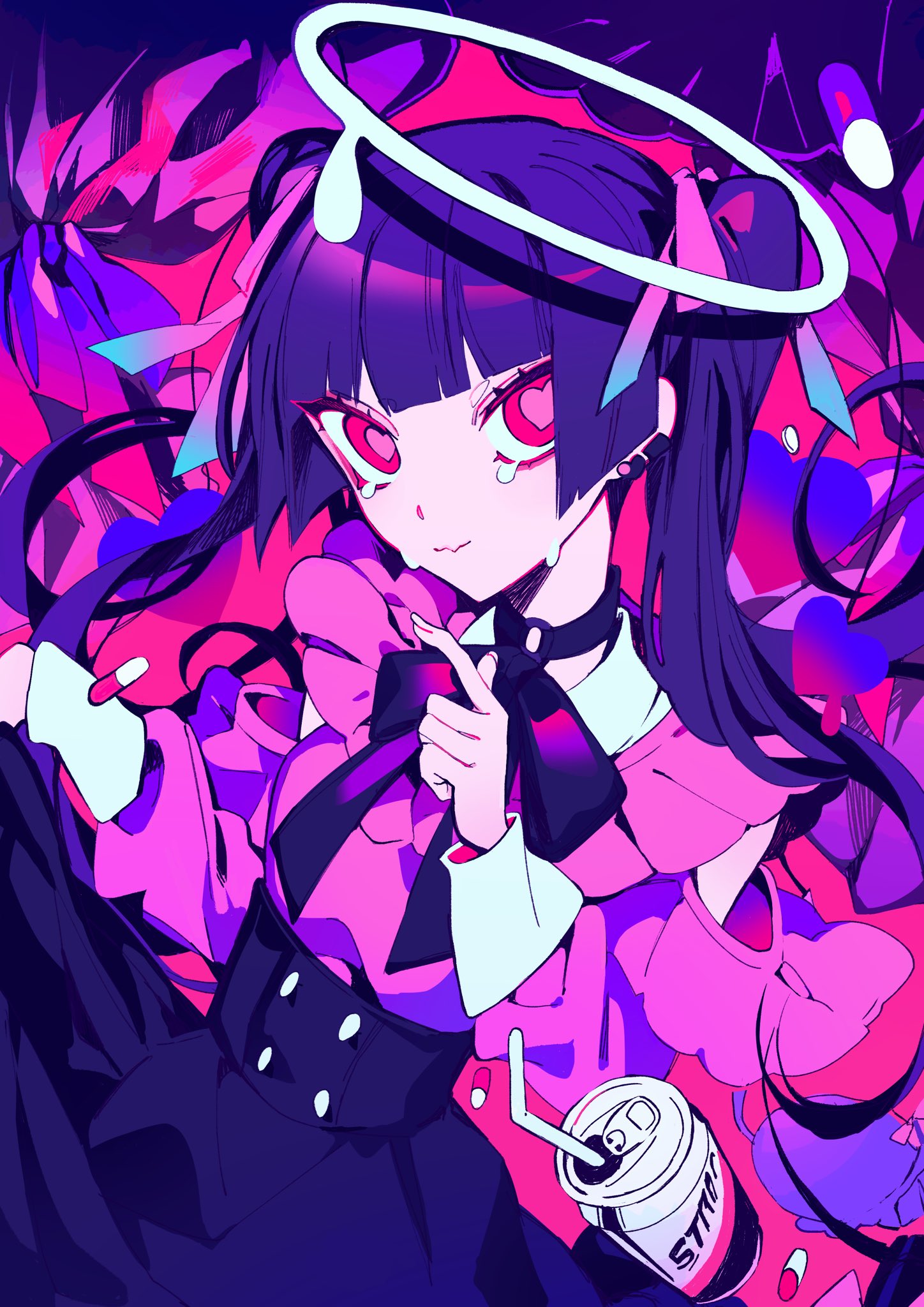 1girl, can, drinking_straw, heart, highres, himanemuitoma, long_hair, original, purple_hair, smile, solo