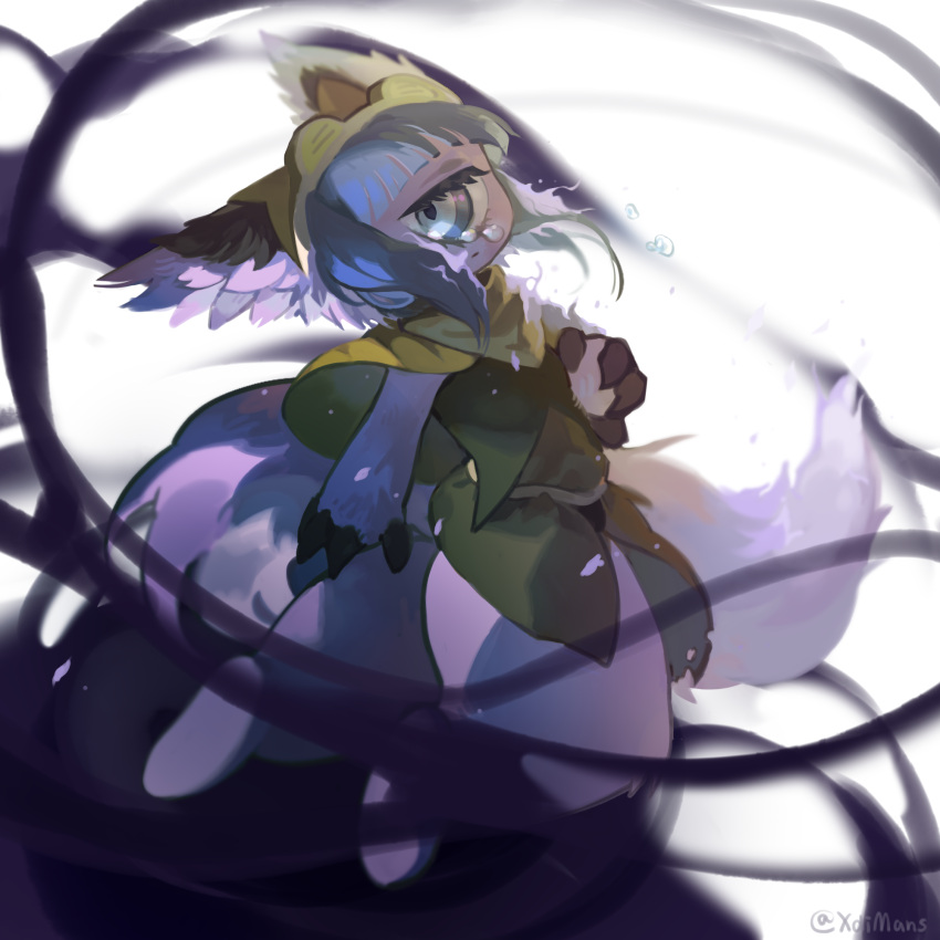 1girl, animal_ears, bandana, bangs, belt, blue_eyes, blue_hair, blunt_bangs