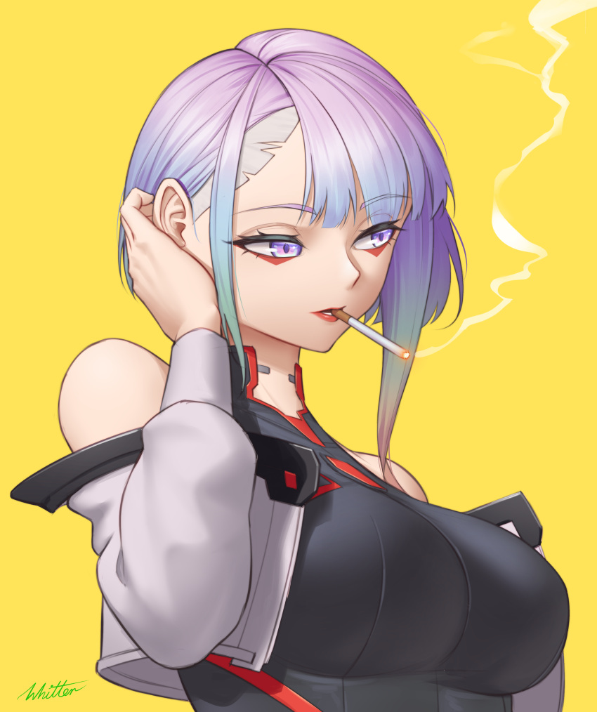 1girl, absurdres, black_shirt, breasts, cigarette, cyberpunk_(series), cyberpunk_edgerunners, highres