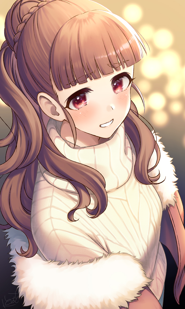 1girl, bangs, blunt_bangs, blurry, blush, bokeh, braid, breasts, brown_hair, depth_of_field, french_braid, fur-trimmed_jacket, fur_trim, grin, hair_bun, highres, idolmaster, idolmaster_cinderella_girls, jacket, jacket_partially_removed, kamiya_nao, long_hair, looking_at_viewer, medium_breasts, red_eyes, ribbed_sweater, single_hair_bun, smile, solo, sweater, thick_eyebrows, tobade_(tbd_edabot), upper_body, very_long_hair, white_sweater