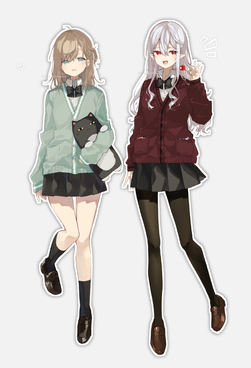 2girls, :d, absurdres, bangs, black_footwear, black_pantyhose, black_skirt, black_socks