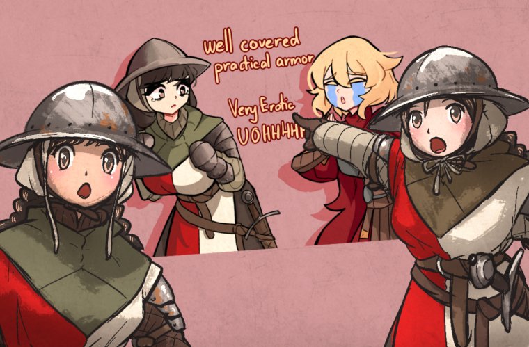 2girls, armor, blonde_hair, borrowed_character, centurii-chan, centurii-chan_(artist), english_text, gambeson, gauntlets, helmet, long_hair, medieval, meme, multiple_girls, open_mouth, original, pink_background, pointing, sheath, short_hair, sword, two_soyjaks_pointing_(meme), vanishlily, weapon